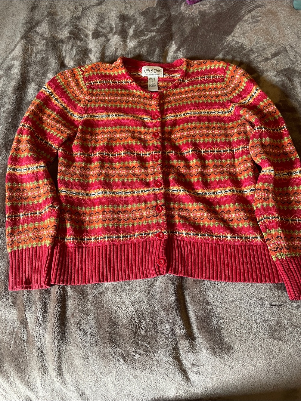 Vintage Women's Red Multi-Striped Button-Up Cardigan Sweater